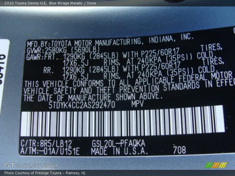 Blue Mirage Metallic / Stone 2010 Toyota Sienna XLE