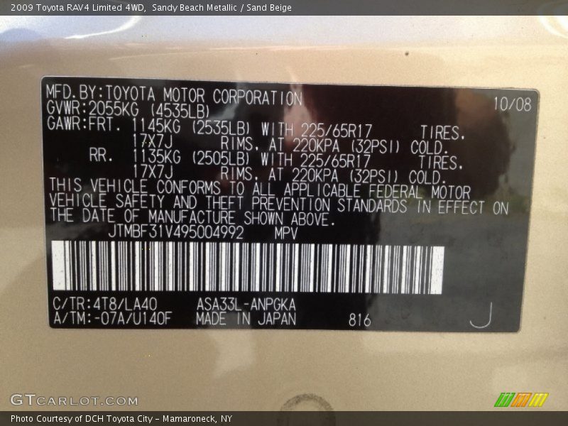 2009 RAV4 Limited 4WD Sandy Beach Metallic Color Code 4T8