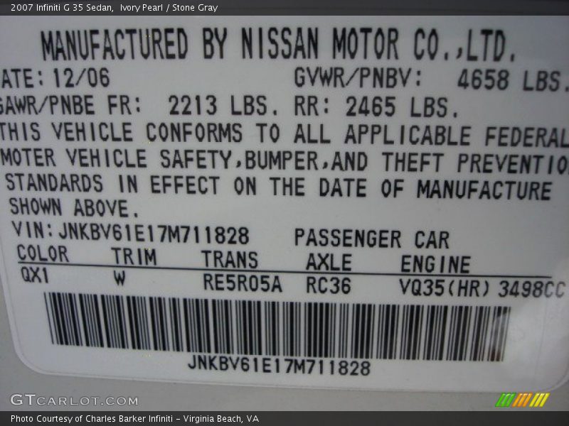 Ivory Pearl / Stone Gray 2007 Infiniti G 35 Sedan