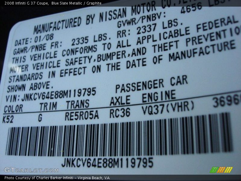Blue Slate Metallic / Graphite 2008 Infiniti G 37 Coupe