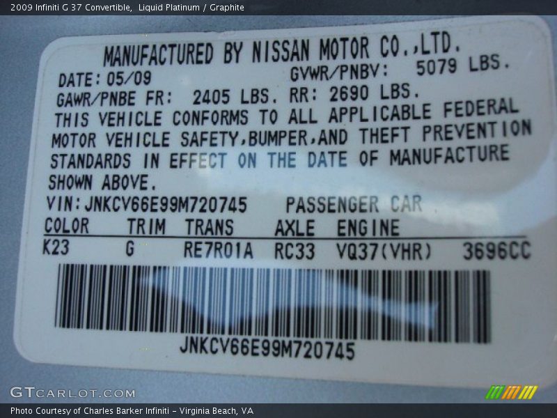 2009 G 37 Convertible Liquid Platinum Color Code K23