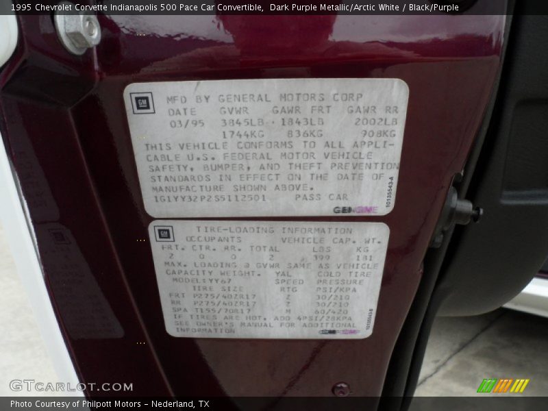 Info Tag of 1995 Corvette Indianapolis 500 Pace Car Convertible