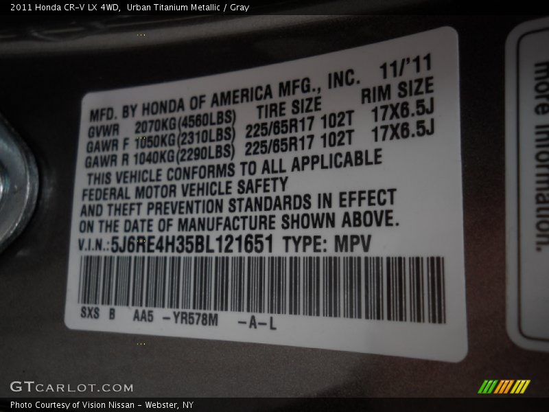Urban Titanium Metallic / Gray 2011 Honda CR-V LX 4WD