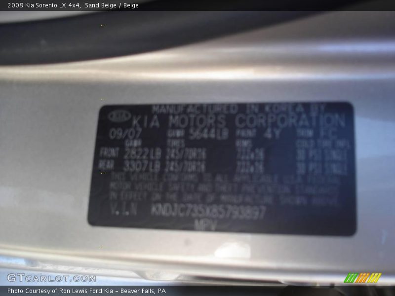 Sand Beige / Beige 2008 Kia Sorento LX 4x4