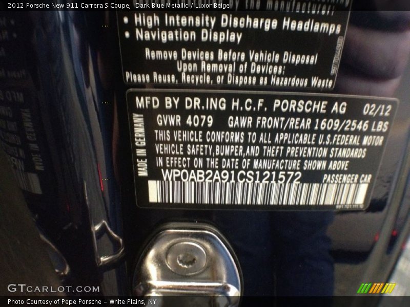 Dark Blue Metallic / Luxor Beige 2012 Porsche New 911 Carrera S Coupe