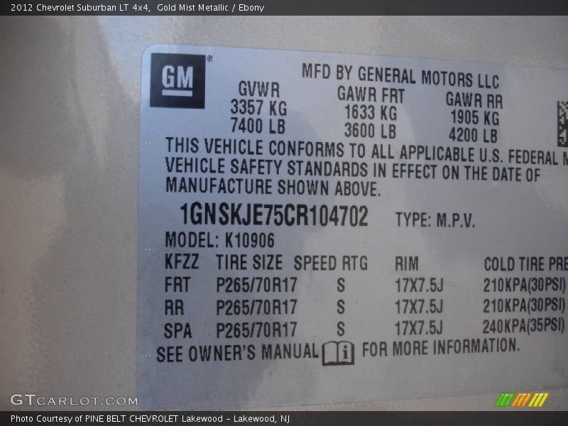 Gold Mist Metallic / Ebony 2012 Chevrolet Suburban LT 4x4