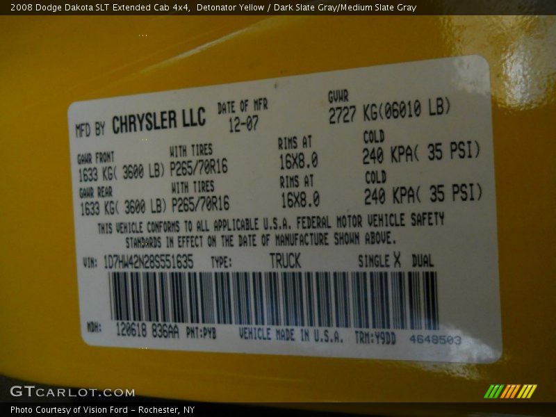 2008 Dakota SLT Extended Cab 4x4 Detonator Yellow Color Code PYB