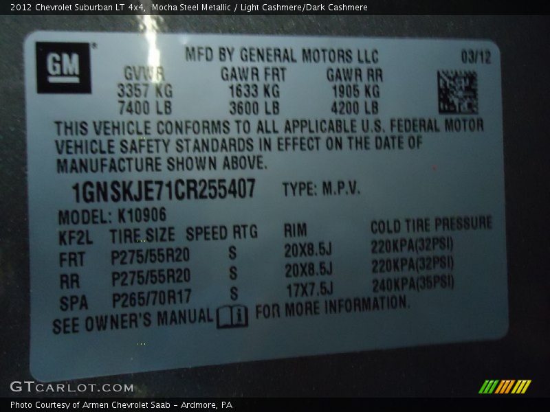 Mocha Steel Metallic / Light Cashmere/Dark Cashmere 2012 Chevrolet Suburban LT 4x4