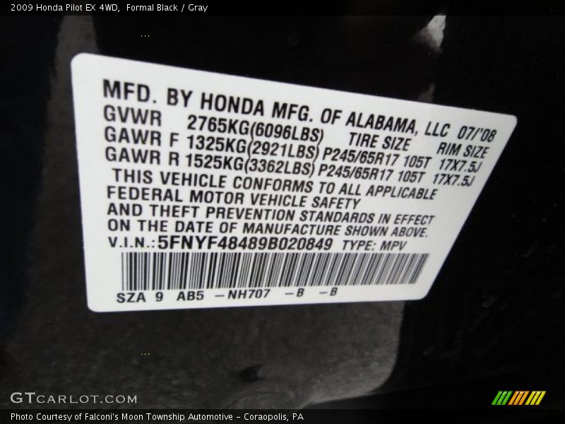 Formal Black / Gray 2009 Honda Pilot EX 4WD