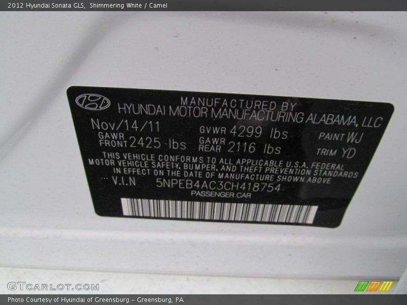 Shimmering White / Camel 2012 Hyundai Sonata GLS