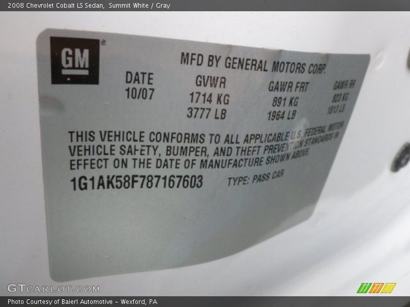 Summit White / Gray 2008 Chevrolet Cobalt LS Sedan