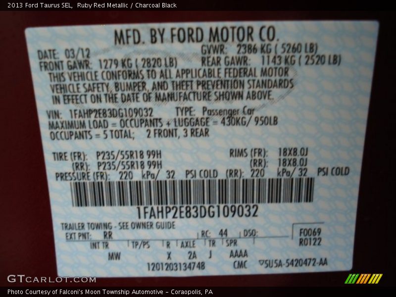 2013 Taurus SEL Ruby Red Metallic Color Code RR