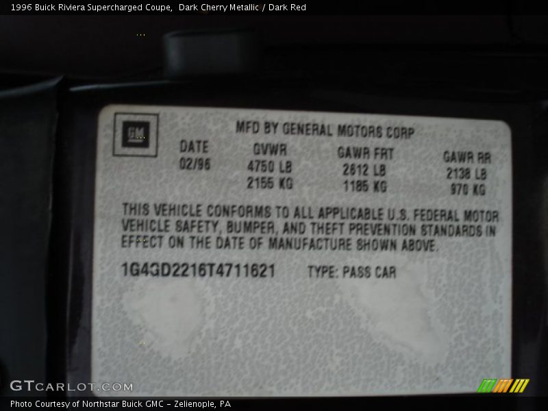 Info Tag of 1996 Riviera Supercharged Coupe