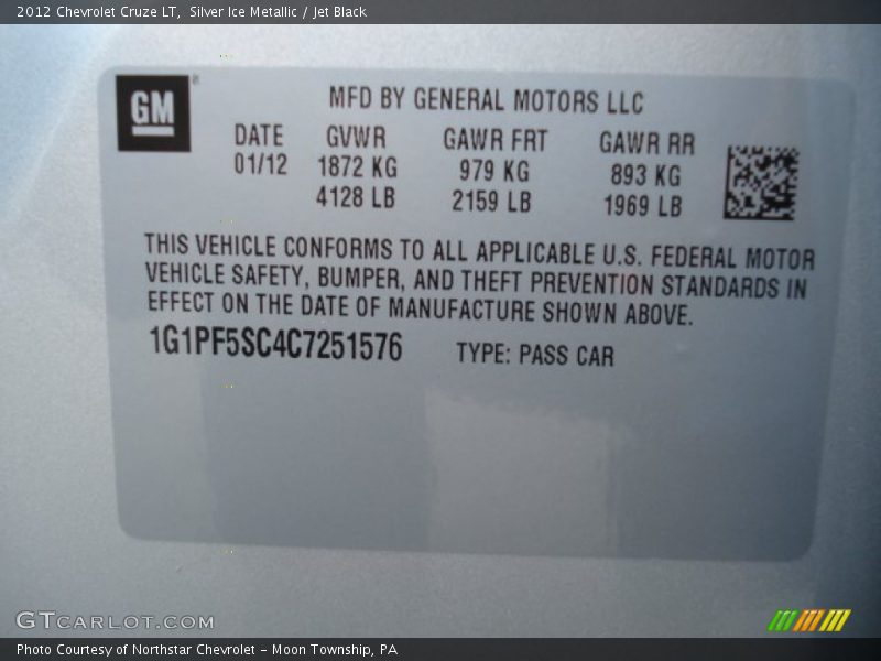 Silver Ice Metallic / Jet Black 2012 Chevrolet Cruze LT