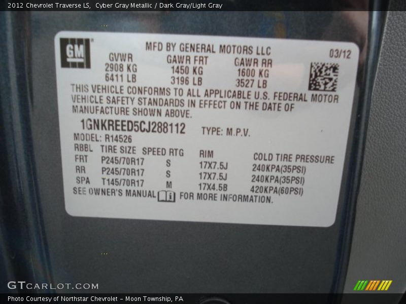 Cyber Gray Metallic / Dark Gray/Light Gray 2012 Chevrolet Traverse LS
