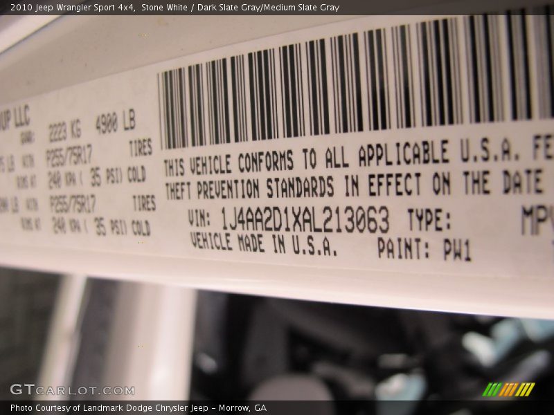 Stone White / Dark Slate Gray/Medium Slate Gray 2010 Jeep Wrangler Sport 4x4