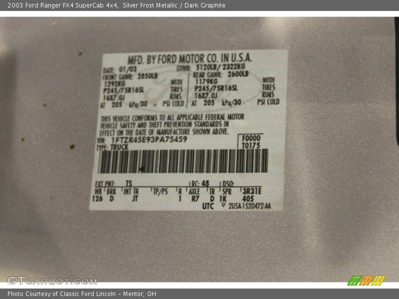 Silver Frost Metallic / Dark Graphite 2003 Ford Ranger FX4 SuperCab 4x4