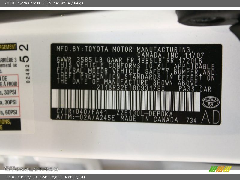 Super White / Beige 2008 Toyota Corolla CE