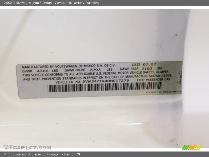 Campanella White / Pure Beige 2008 Volkswagen Jetta S Sedan