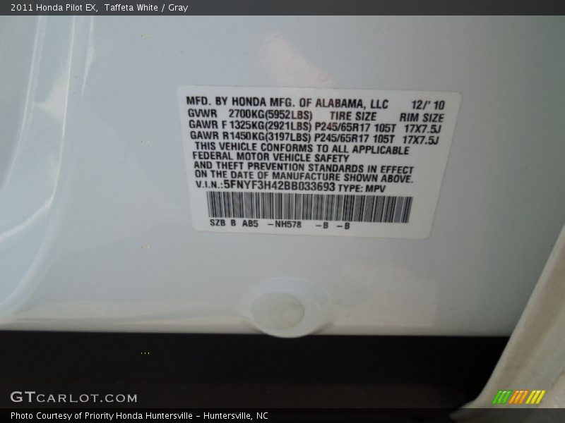 Taffeta White / Gray 2011 Honda Pilot EX
