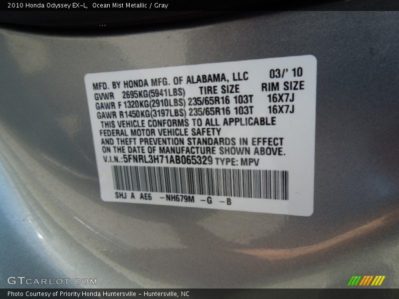 Ocean Mist Metallic / Gray 2010 Honda Odyssey EX-L