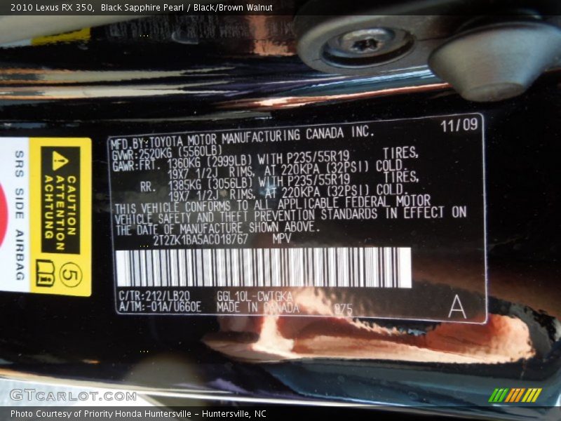 Black Sapphire Pearl / Black/Brown Walnut 2010 Lexus RX 350