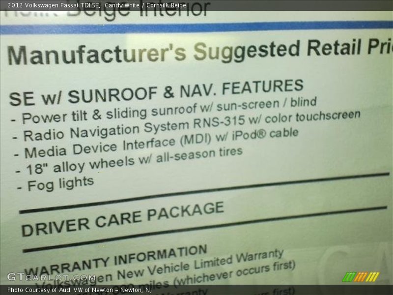 Candy White / Cornsilk Beige 2012 Volkswagen Passat TDI SE
