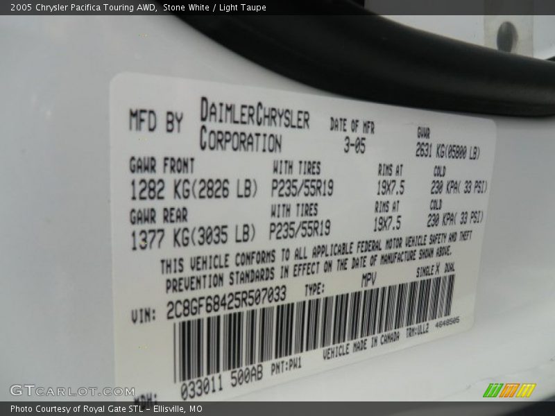 2005 Pacifica Touring AWD Stone White Color Code PW1
