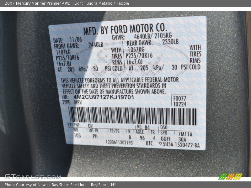 2007 Mariner Premier 4WD Light Tundra Metallic Color Code DV