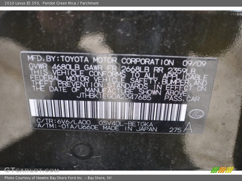 2010 ES 350 Peridot Green Mica Color Code 6V6
