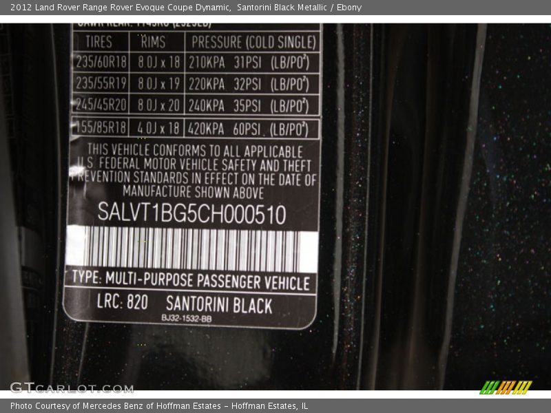 2012 Range Rover Evoque Coupe Dynamic Santorini Black Metallic Color Code 820