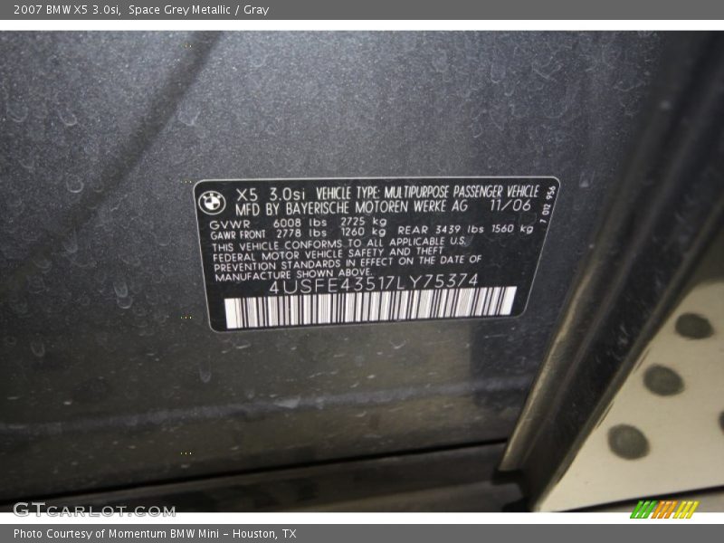 Space Grey Metallic / Gray 2007 BMW X5 3.0si