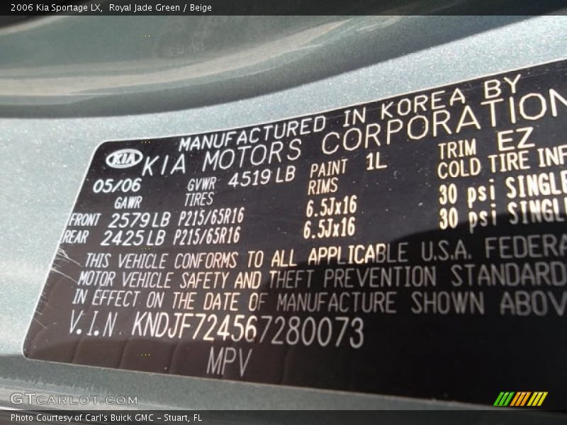 2006 Sportage LX Royal Jade Green Color Code 1L
