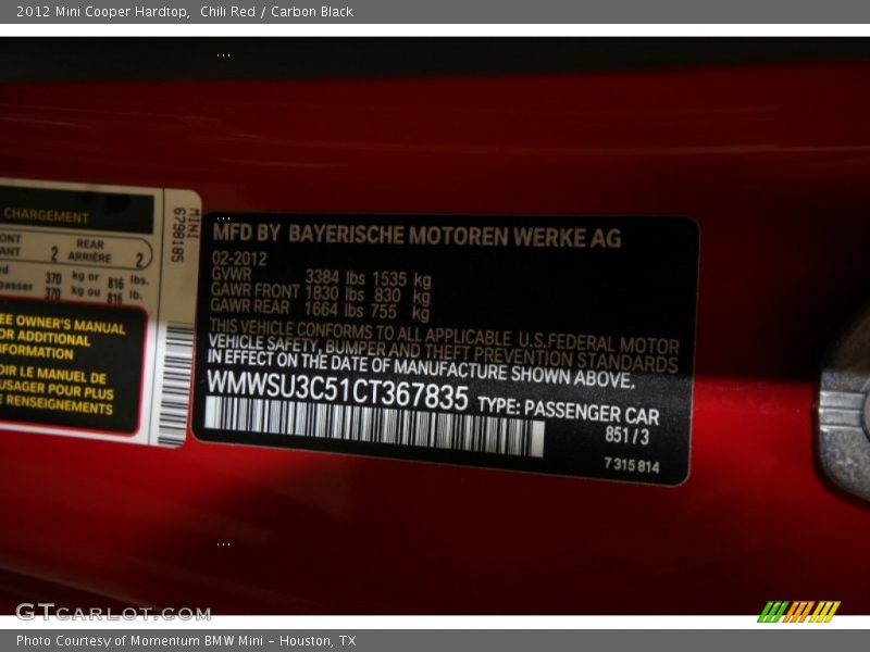 Chili Red / Carbon Black 2012 Mini Cooper Hardtop