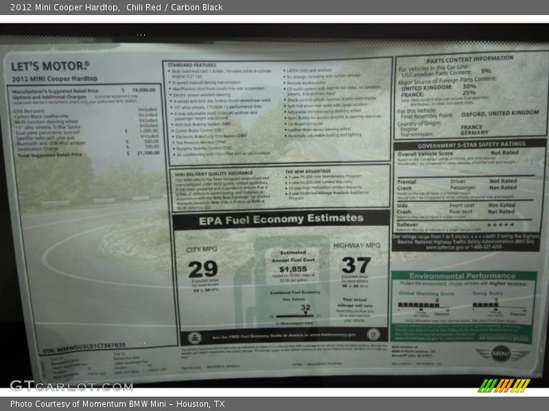 Chili Red / Carbon Black 2012 Mini Cooper Hardtop