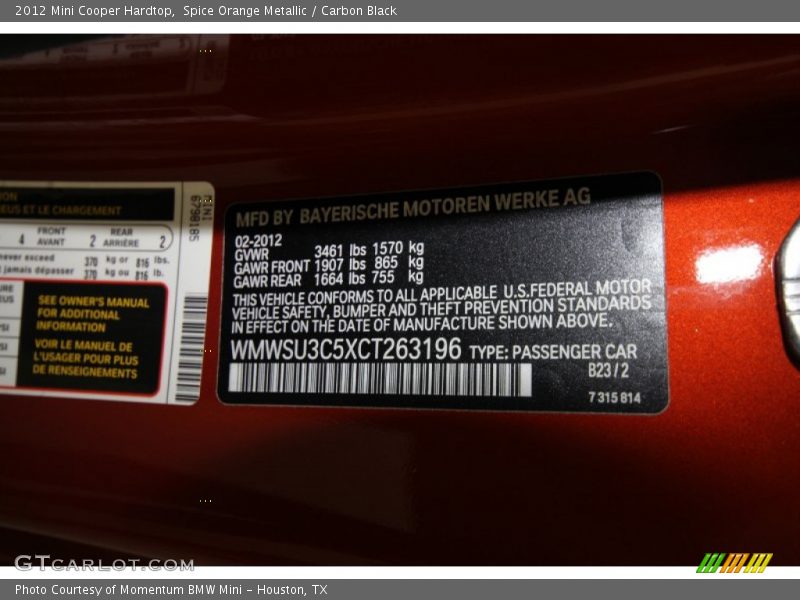 Spice Orange Metallic / Carbon Black 2012 Mini Cooper Hardtop