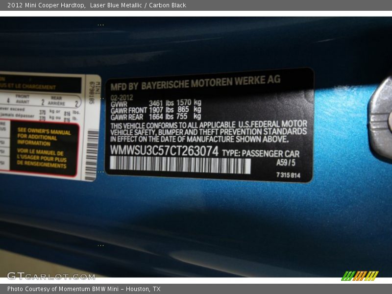 Laser Blue Metallic / Carbon Black 2012 Mini Cooper Hardtop
