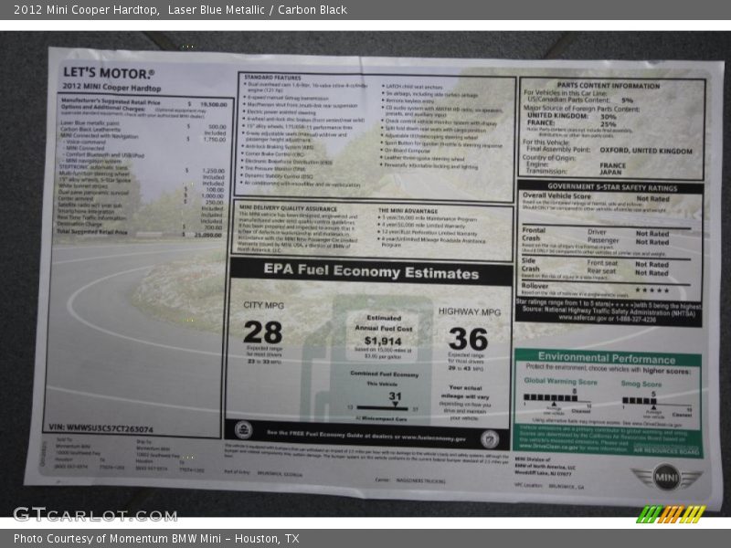  2012 Cooper Hardtop Window Sticker