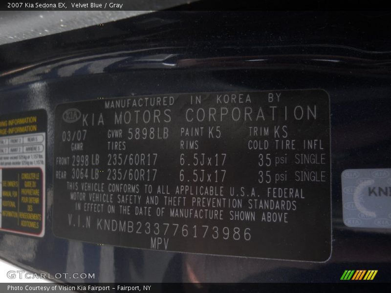 2007 Sedona EX Velvet Blue Color Code K5
