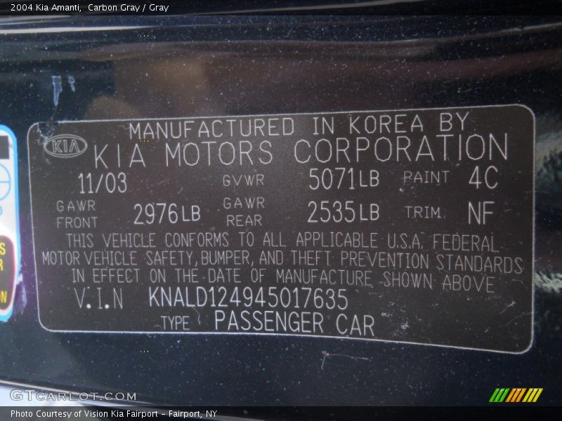 Carbon Gray / Gray 2004 Kia Amanti