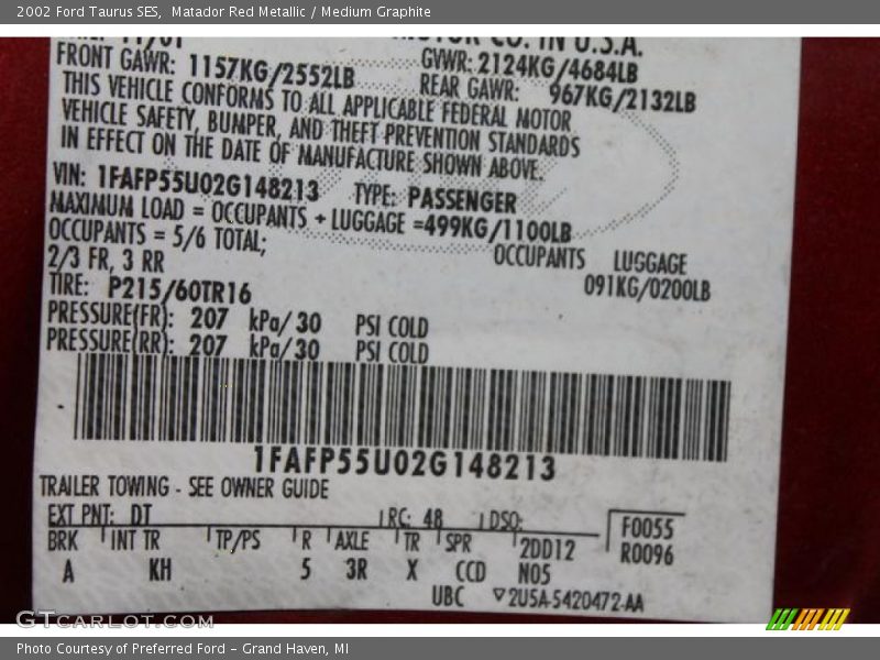 2002 Taurus SES Matador Red Metallic Color Code DT