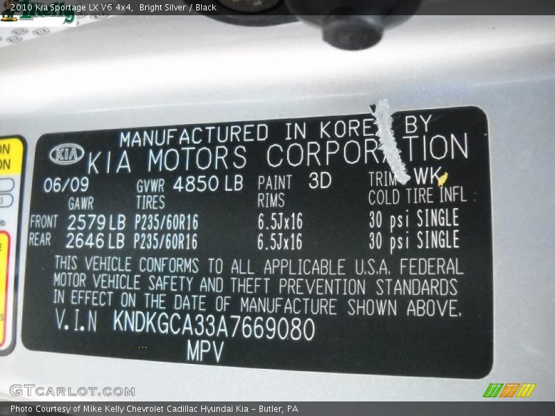 Bright Silver / Black 2010 Kia Sportage LX V6 4x4