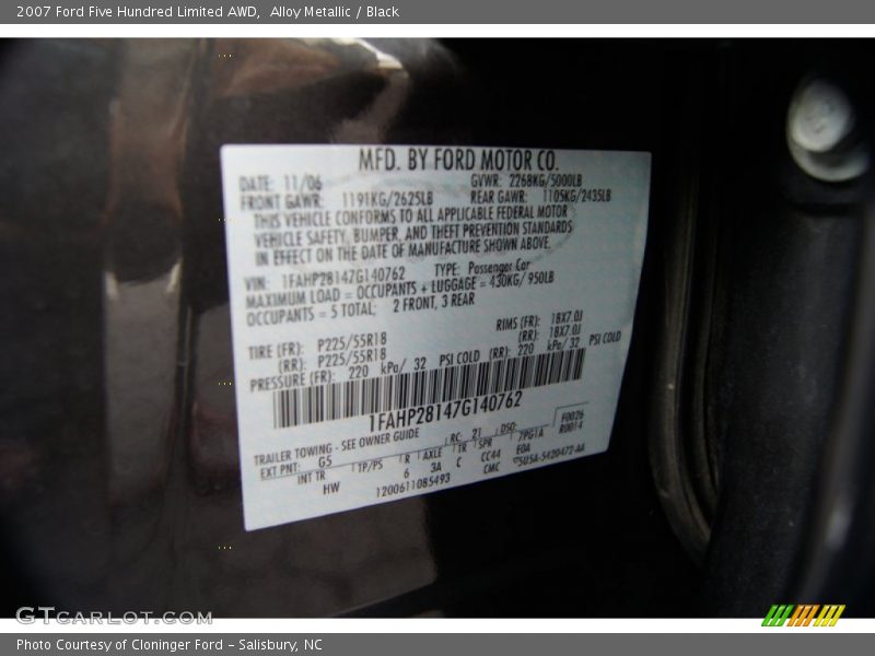 Alloy Metallic / Black 2007 Ford Five Hundred Limited AWD