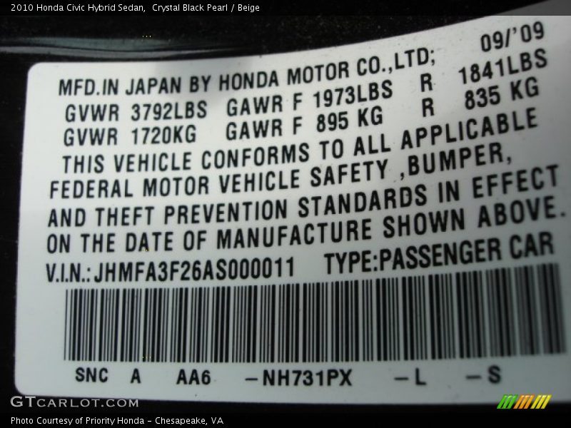 Crystal Black Pearl / Beige 2010 Honda Civic Hybrid Sedan