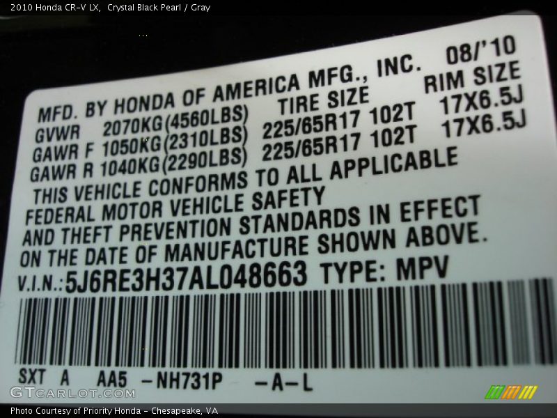 Crystal Black Pearl / Gray 2010 Honda CR-V LX