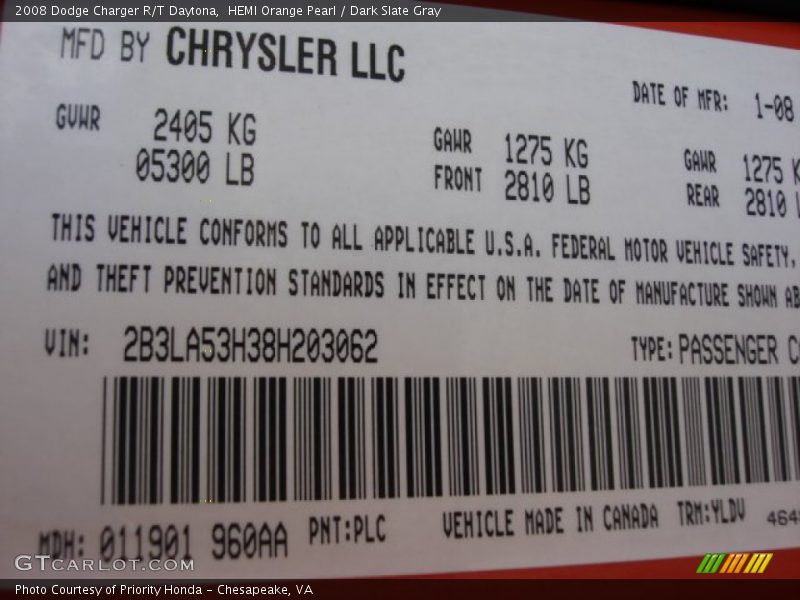 2008 Charger R/T Daytona HEMI Orange Pearl Color Code PLC