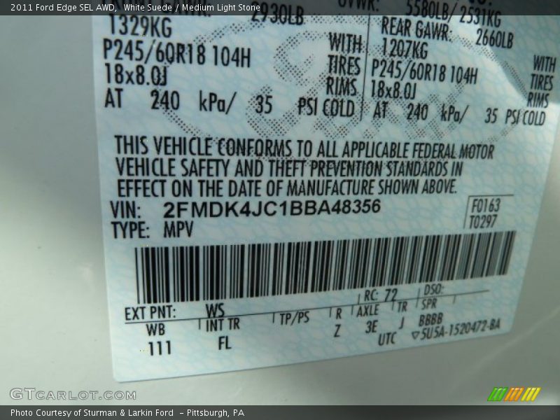 White Suede / Medium Light Stone 2011 Ford Edge SEL AWD