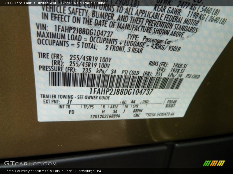 2013 Taurus Limited AWD Ginger Ale Metallic Color Code JY