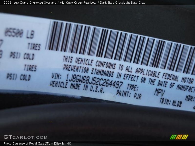 2002 Grand Cherokee Overland 4x4 Onyx Green Pearlcoat Color Code PJR