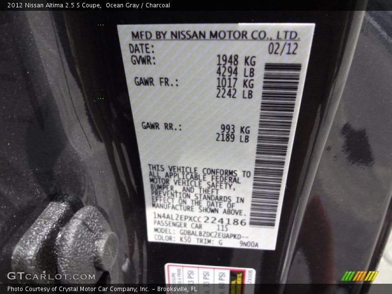 Ocean Gray / Charcoal 2012 Nissan Altima 2.5 S Coupe